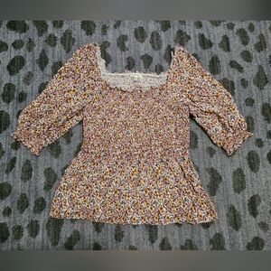 Max Studio Orange and Red Floral Smocked Top sz M